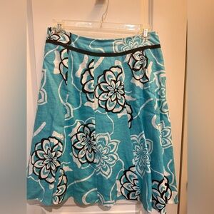 Turquoise Floral A-Line Skirt with Black Trim